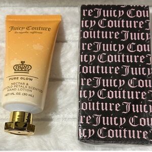 Juicy Couture Pure Glow Hand moisturizer and package tissues